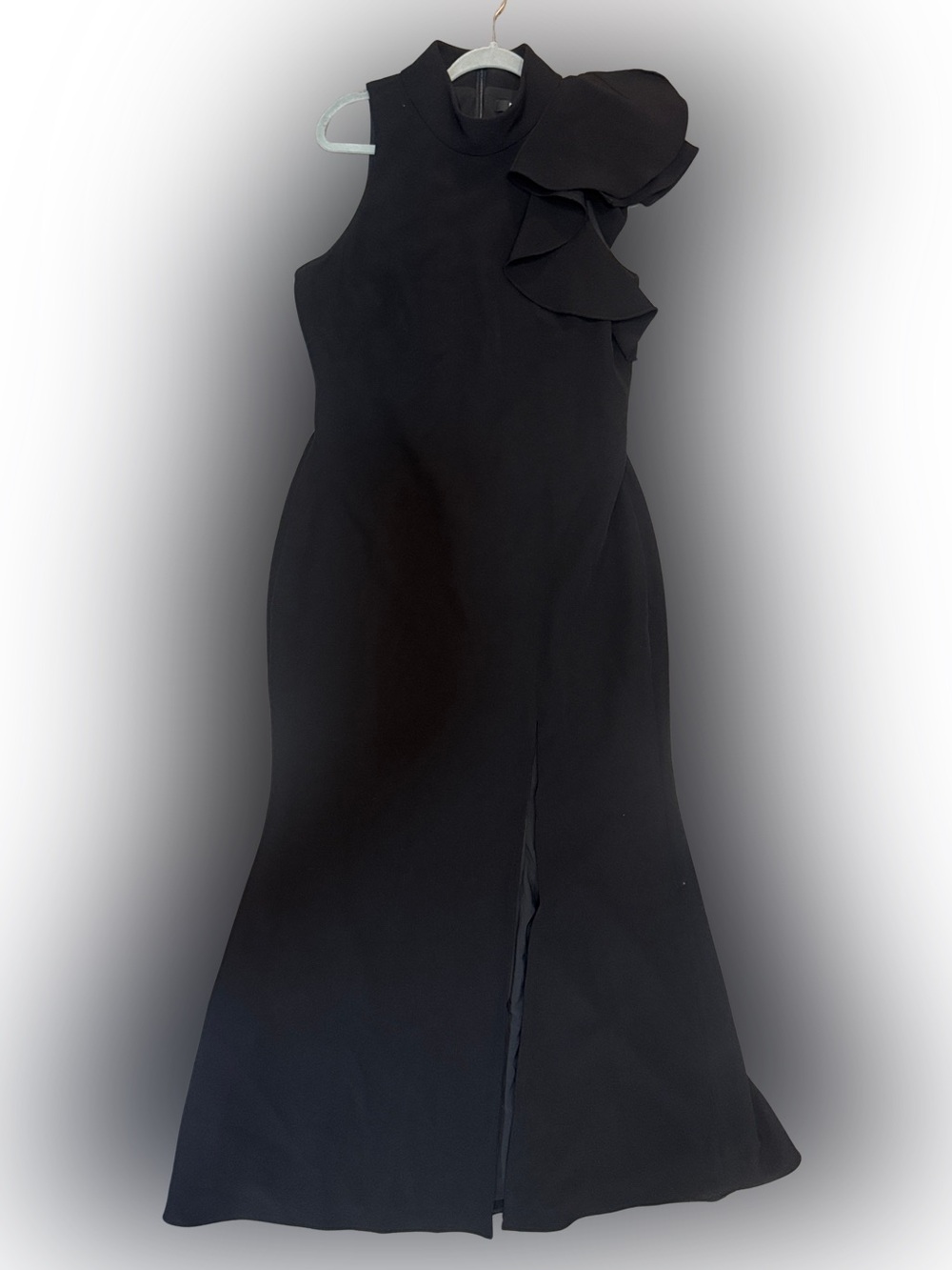 Badgley Mischka Black One-Shoulder Origami Ruffle Evening Gown